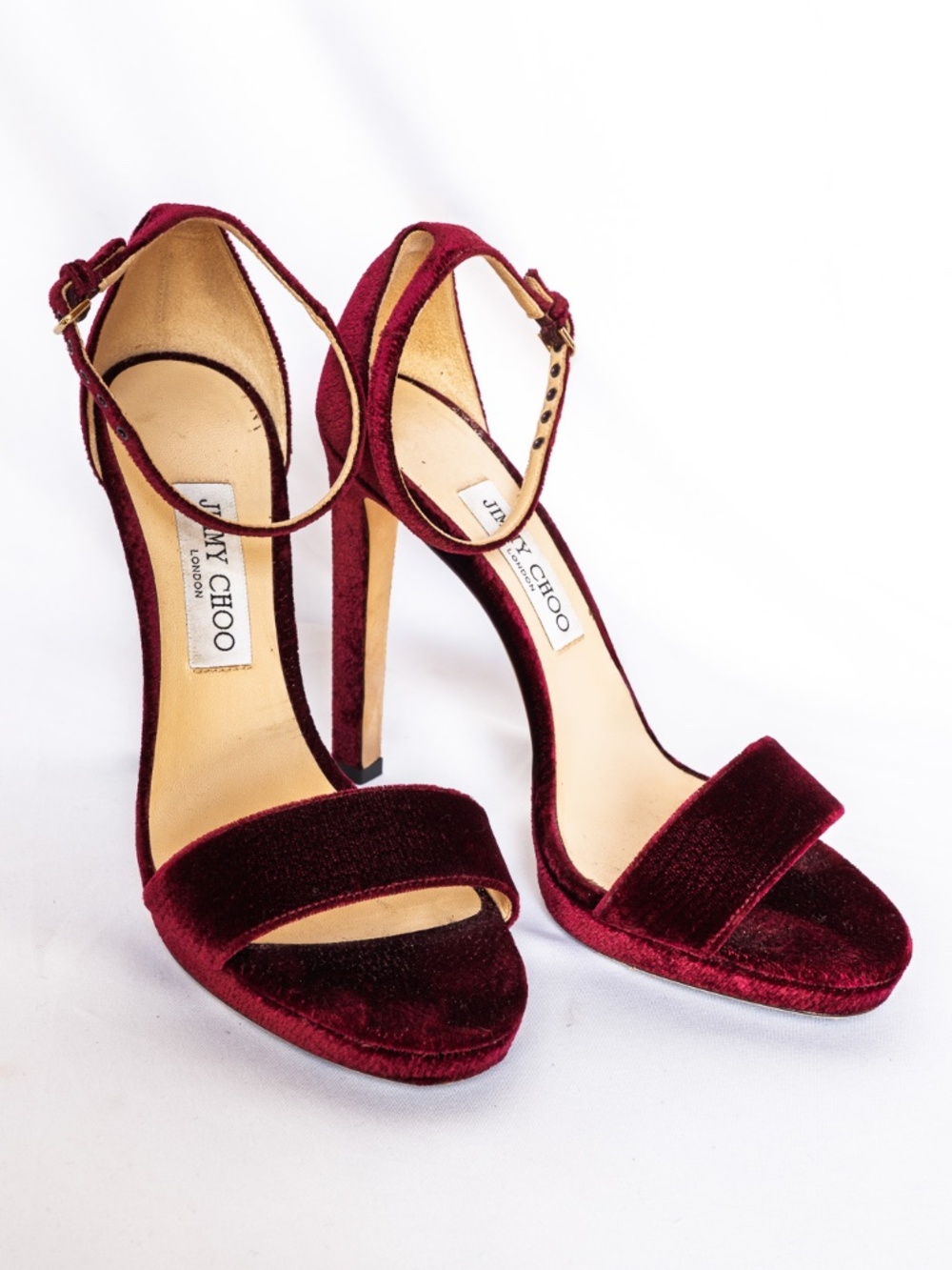 Jimmy Choo Velvet Strappy Heels Red Sandals Stiletto Women’s Size 9